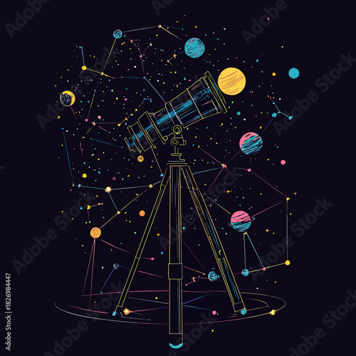 Retro style telescope illustration with colorful planets stars and constellation lines in abstract cosmic space background vector design for astronomy enthusiasts and stargazing concept digital art