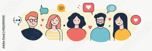 Diverse group of people with social media icons showing likes comments and shares flat minimalist vector illustration for online communication and networking concept