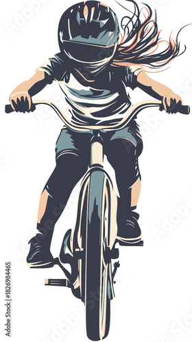 Front view of girl riding BMX bicycle with helmet and flowing hair in dynamic minimalist vector illustration style for sports and outdoor activity design