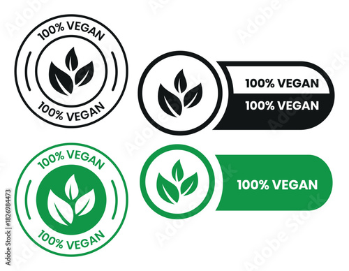 Vegan food icon set badge sign. Bio, Ecology, Organic logos and badges, label, tag. Green leaf on white background. Vector illustration. Vegan food logo, label, sign, badge, symbol, banner.