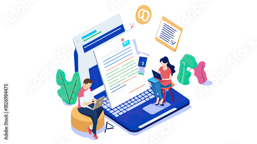 Isometric illustration of male and female content creators using laptop and smartphone for blogging, copywriting, and digital content management in modern workspace