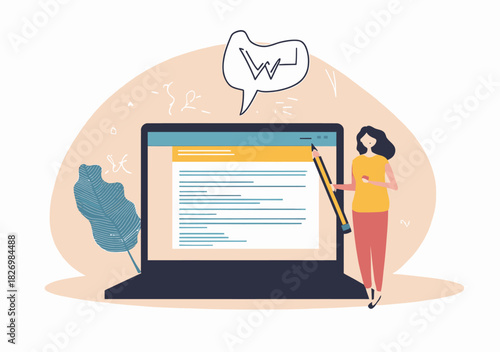 Creative woman with pencil next to laptop displaying online text content and writing concept for digital publishing or blogging in flat minimalist style vector illustration
