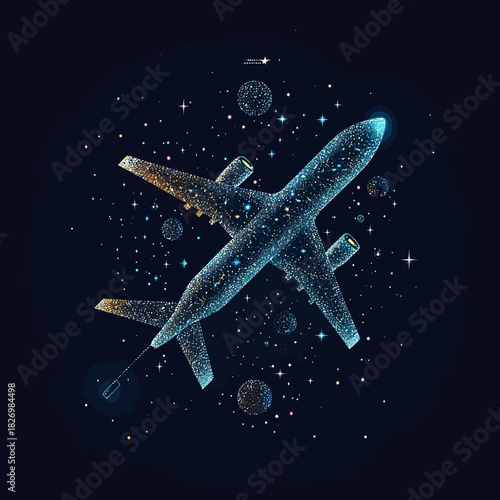 Futuristic airliner top view composed of glowing star and planet particles in cosmic space with constellation effect and digital technology concept vector illustration