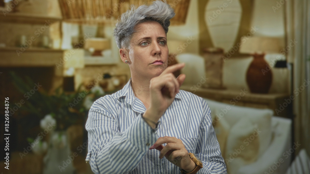 Naklejka premium Woman wearing striped shirt points finger forward in building filled with furniture and warm lighting; focus determination.
