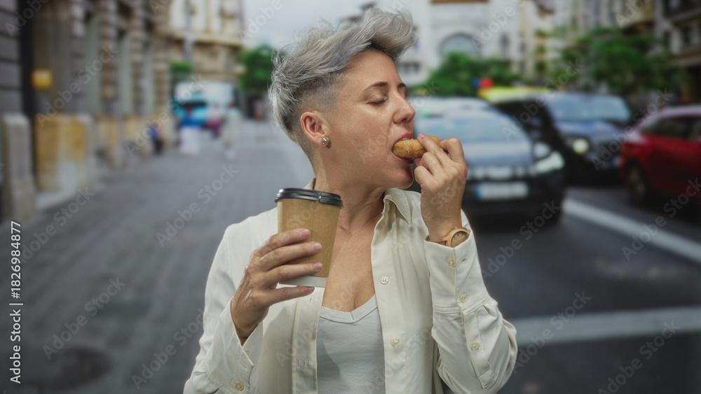 Fototapeta premium Woman eating a glazed donut while holding a coffee cup on a bustling city street; morning indulgence.