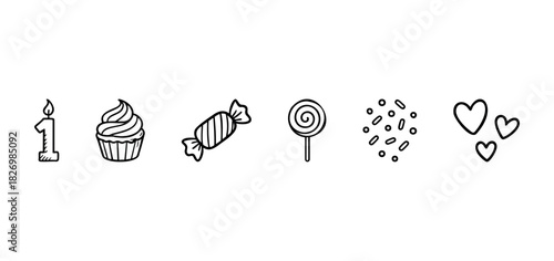 Cute outline birthday celebration icons including a number one candle cupcake candy lollipop sprinkles and hearts perfect for party invitations and greeting cards