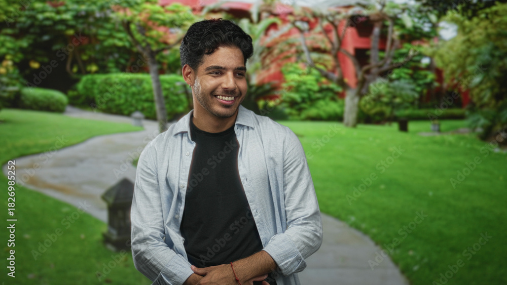 Fototapeta premium Young hispanic man smiling, hands clasped at waist, wearing black tee and open button shirt in a building courtyard; contentment ease.