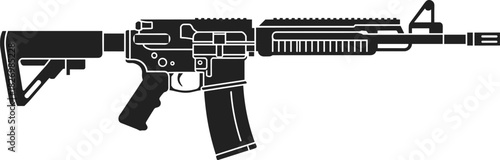 Assault rifle silhouette, black and white firearm, tactical weapon illustration, military gun graphic, modern rifle design, vector sketch