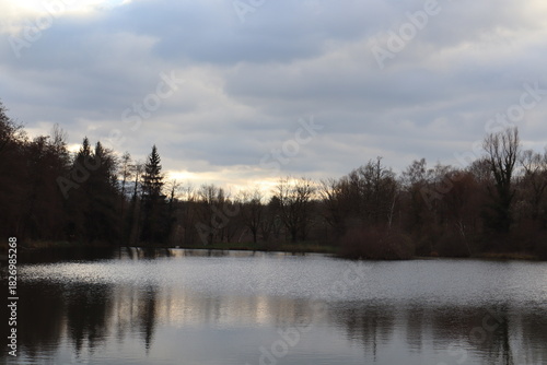 Photographie d’un lac paisible au crépuscule, avec les silhouettes d’arbres se reflétant sur l’eau calme. Une scène naturelle sereine idéale pour illustrer tranquillité, nature ou paysages d’extérieur