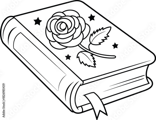 Closed book with rose, ribbon bookmark sketch, black and white illustration, literary nature symbol, romantic design, star accents