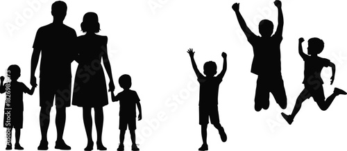 Family silhouette with children, playful kids jumping, black and white parenting illustration, childhood joy, togetherness concept, vector graphic