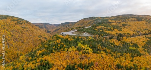 Spectacular Views of world famous Cabot Trail with beautiful scenic spots at the time of sunset, Cape Breton with Fall Foliage. Panorama View of MacKenzie Mountain, Cape Breton, Nova Scotia.