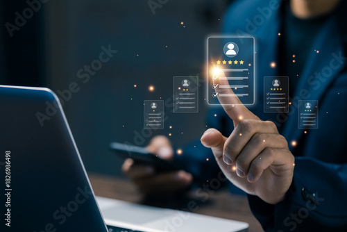 A user selecting a top-rated digital profile with floating rating icons, representing recruitment ranking, HR analytics, performance evaluation, and modern talent selection systems.