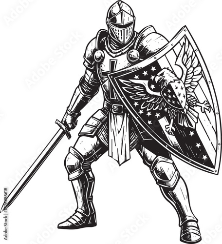 Brave Knight in Shining Armor with Sword and Shield Ready for Battle Illustration Design