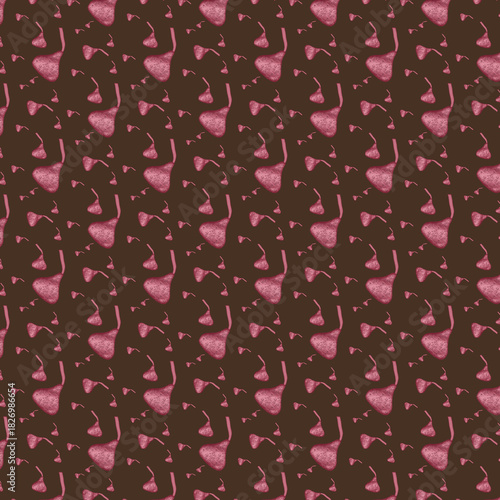 Seamless pattern of pink foil candy kisses on dark chocolate brown—playful Valentine confectionery background for packaging, wrapping paper, invitations, scrapbooking, and digital projects.