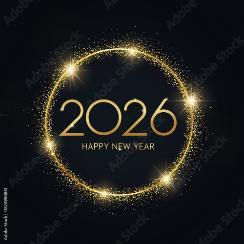 Happy New Year 2026, Golden circle with sparkles and the year twenty twenty six with happy new year text on black background