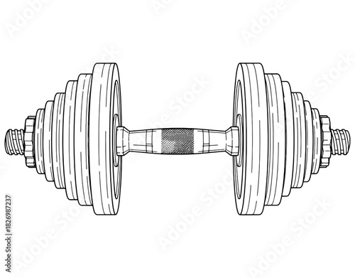 Adjustable metal dumbbell with weight plates hand drawn vector illustration. Black and white gym fitness equipment sketch isolated on white background.