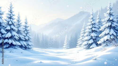 Peaceful snowy forest in soft mountain light. Winter wonderland landscape with pine trees. Calm snowy valley beneath glowing mountains. Frosty forest meadow under serene winter sun