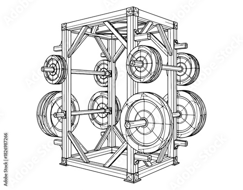 Gym weight plate storage rack hand drawn vector illustration. Black and white fitness equipment stand sketch with discs isolated on white background.