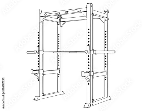Power rack or squat cage with barbell hand drawn vector illustration. Black and white gym fitness workout station sketch isolated on white background.