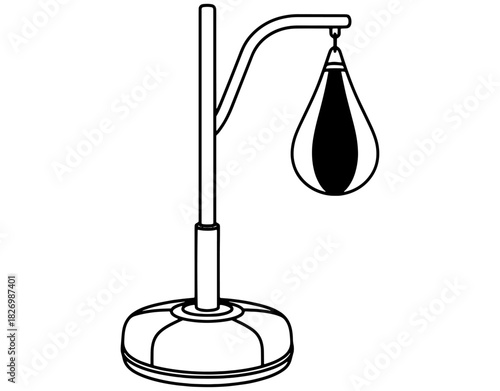 Freestanding boxing speed bag station hand drawn vector illustration. Black and white gym punching ball stand sketch isolated on white background.