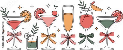 Doodle style illustration concept of various festive cocktails and drinks with bows and fruit garnishes for a party celebration