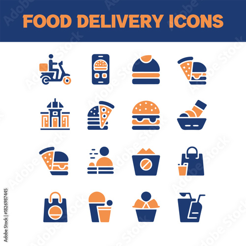Fast Food and Online Ordering Vector Icon Set with Delivery Motorbike