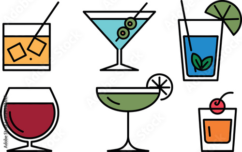 Stylish collection of diverse drink illustrations featuring classic cocktails, mixed beverages, and refreshing libations, perfect for menu designs and digital graphics