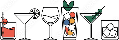 Set of assorted alcoholic beverage icons. An outline vector illustration collection of popular classic cocktails
