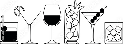 Line art illustration of various cocktail glasses, displaying diverse drinks and garnishes, suitable for bar menus, beverage concepts, and elegant graphic design projects