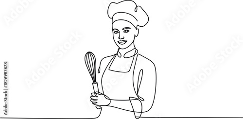 A chef wearing a toque hat and apron holding a whisk, illustrating culinary arts and kitchen professionalism