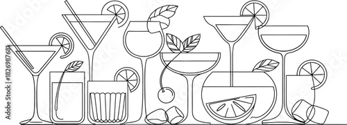 A delightful collection of various stylized cocktails and refreshing drinks in elegant glassware, perfect for any occasion