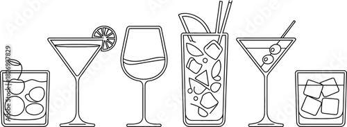 A versatile set of outlined glasses and cocktails, depicting various alcoholic beverages in a clean, minimalist line art style, ideal for graphic design projects and beverage-themed content