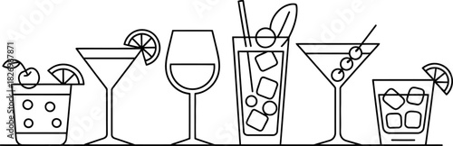 Diverse Lineup Black and White Outline of Classic Cocktails