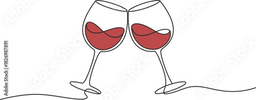 Elegant continuous line art capturing two red wine glasses clinking together, representing a joyful toast, celebration, and shared happiness, perfect for special occasions