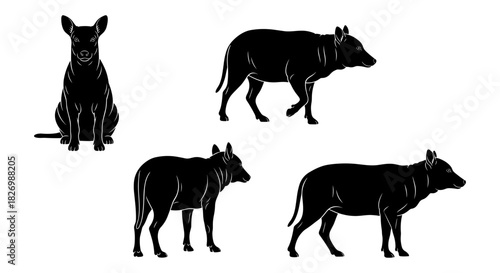 Silhouette dog and hyena set with various poses in black on white background