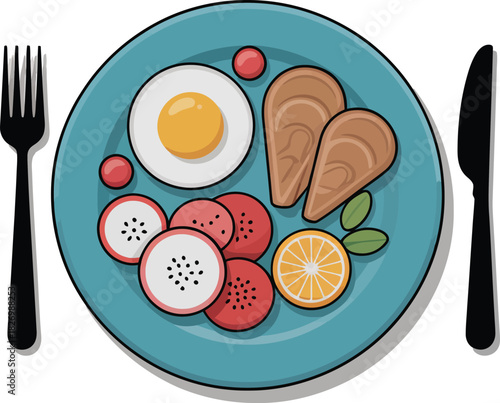 Healthy Breakfast Plate with Fried Egg, Fruit and Toast