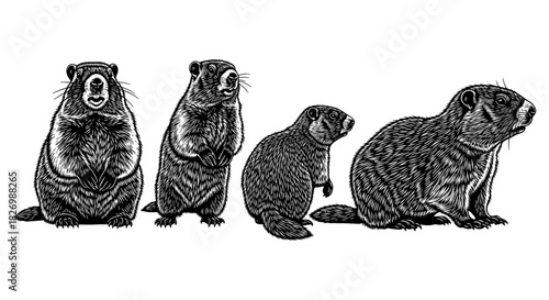 Realistic marmot silhouette set with engraved texture in black and white style