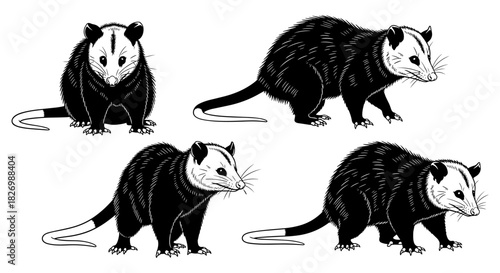 Detailed black and white opossum silhouettes in various poses on white background