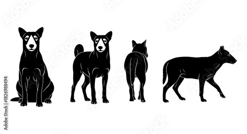 Silhouette pack of dog poses: sitting, standing, walking, and side view