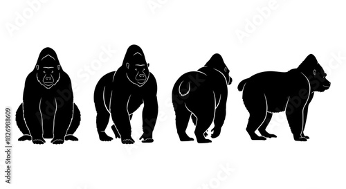 Gorilla silhouettes in various poses: front, side, and back views