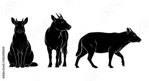 Silhouette wildlife illustrations of african canines and herbivores