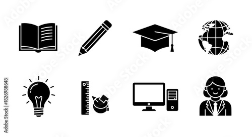 Education icons set: book, pencil, graduation cap, globe, lightbulb, ruler, computer, teacher