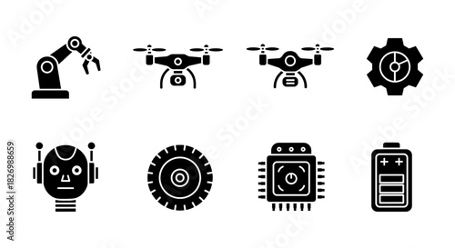 Silhouette icons of robotics technology and drone gadgets
