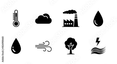 Environmental symbols: weather, energy, nature icons in bold silhouette