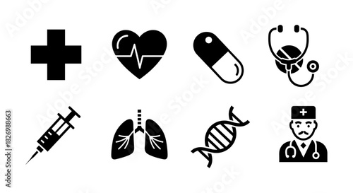 Medical icons set featuring heartbeat, dna, doctor, and more in bold silhouette style