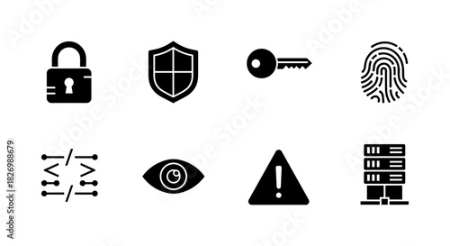 Security icons set: lock, shield, key, fingerprint, circuit, eye, warning, server symbols