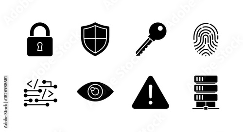 Set of security icons featuring locks, passwords, and technology symbols in black silhouette style
