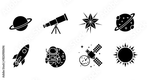 Celestial icons: space exploration silhouettes featuring planets, rocket, astronaut, and telescope