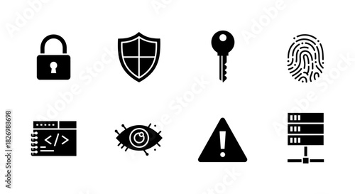 Security icons set: lock, shield, key, fingerprint, code, eye, warning, server